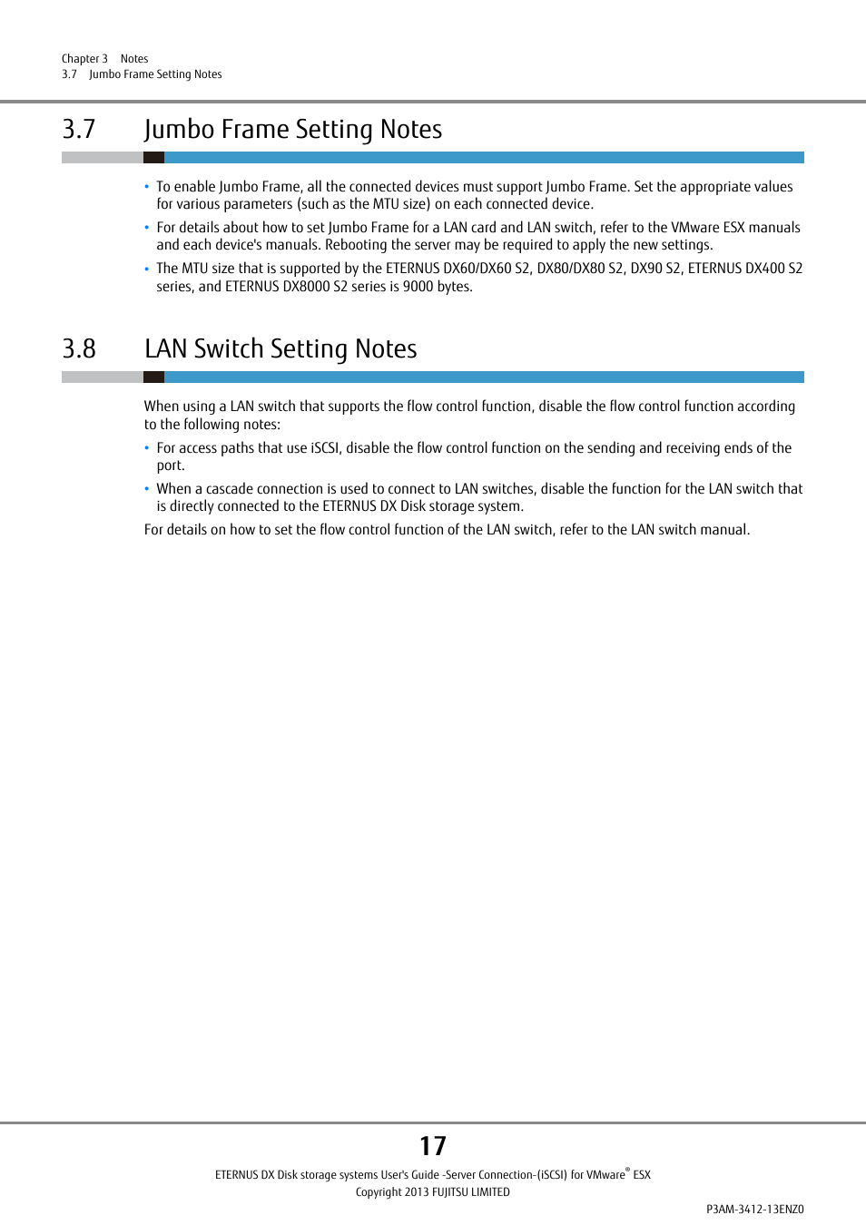 7 jumbo frame setting notes, 8 lan switch setting notes | FUJITSU Eturneus Disk Storage System (ISCSI) for VMware ESX User Manual | Page 17 / 42