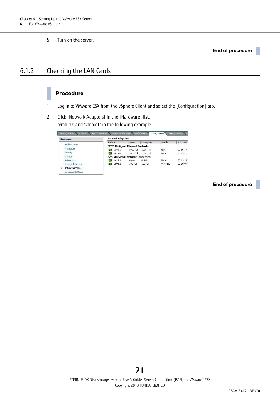 2 checking the lan cards | FUJITSU Eturneus Disk Storage System (ISCSI) for VMware ESX User Manual | Page 21 / 42