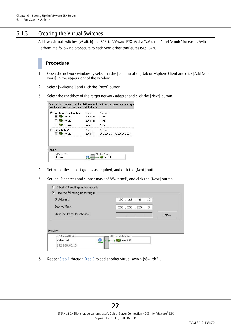 3 creating the virtual switches | FUJITSU Eturneus Disk Storage System (ISCSI) for VMware ESX User Manual | Page 22 / 42