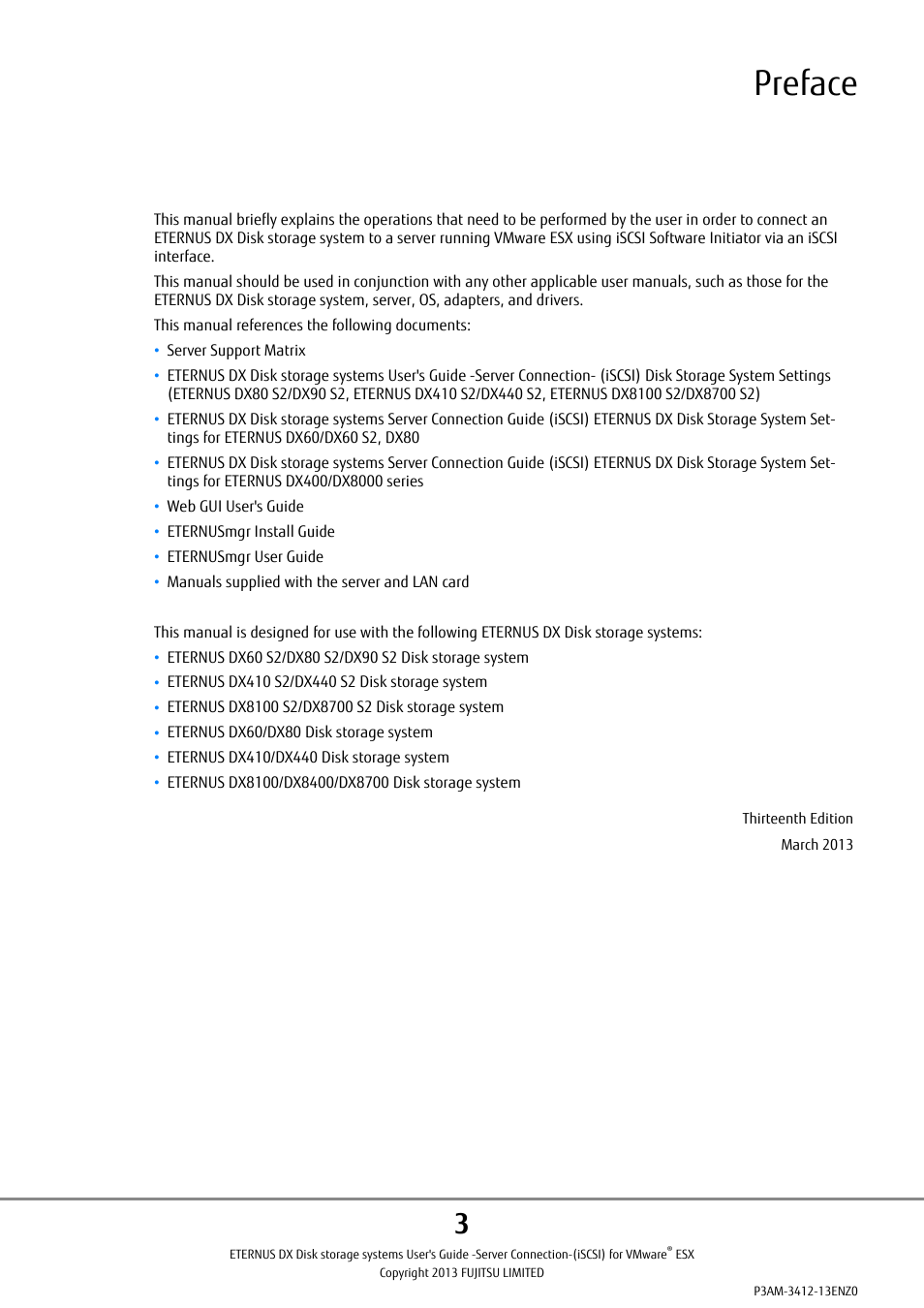 Preface | FUJITSU Eturneus Disk Storage System (ISCSI) for VMware ESX User Manual | Page 3 / 42