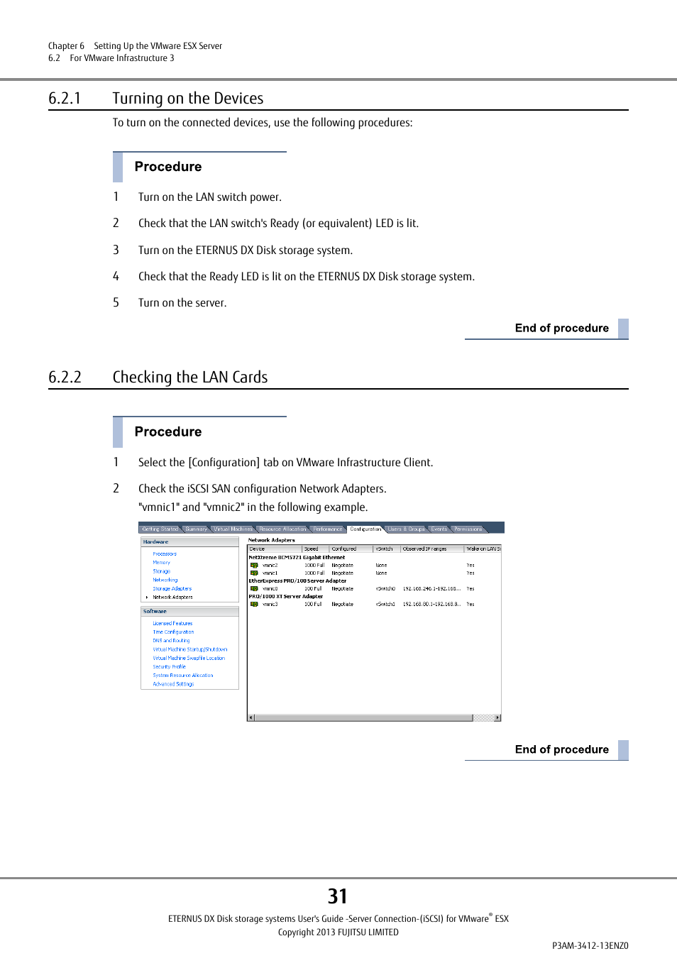 1 turning on the devices, 2 checking the lan cards, 31 6.2.2 checking the lan cards | FUJITSU Eturneus Disk Storage System (ISCSI) for VMware ESX User Manual | Page 31 / 42