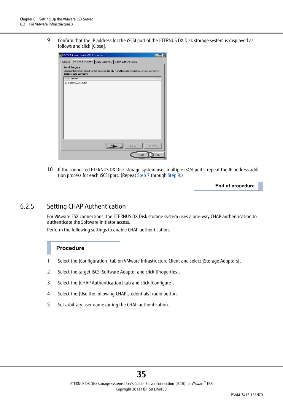 5 setting chap authentication | FUJITSU Eturneus Disk Storage System (ISCSI) for VMware ESX User Manual | Page 35 / 42