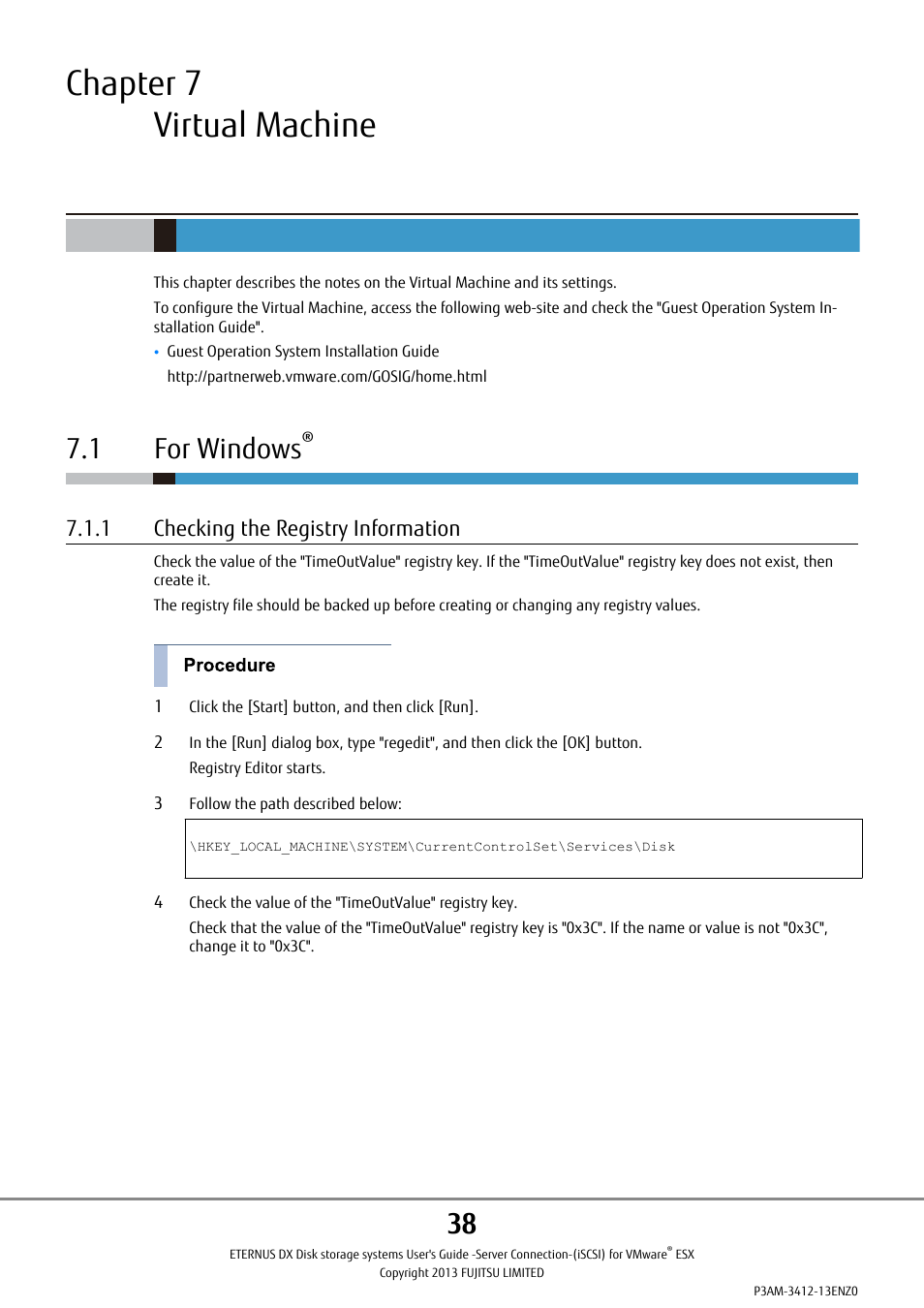 Chapter 7 virtual machine, 1 for windows, 1 checking the registry information | Installed. for details, refer to | FUJITSU Eturneus Disk Storage System (ISCSI) for VMware ESX User Manual | Page 38 / 42