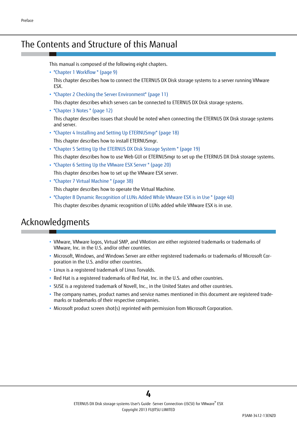 The contents and structure of this manual, Acknowledgments | FUJITSU Eturneus Disk Storage System (ISCSI) for VMware ESX User Manual | Page 4 / 42