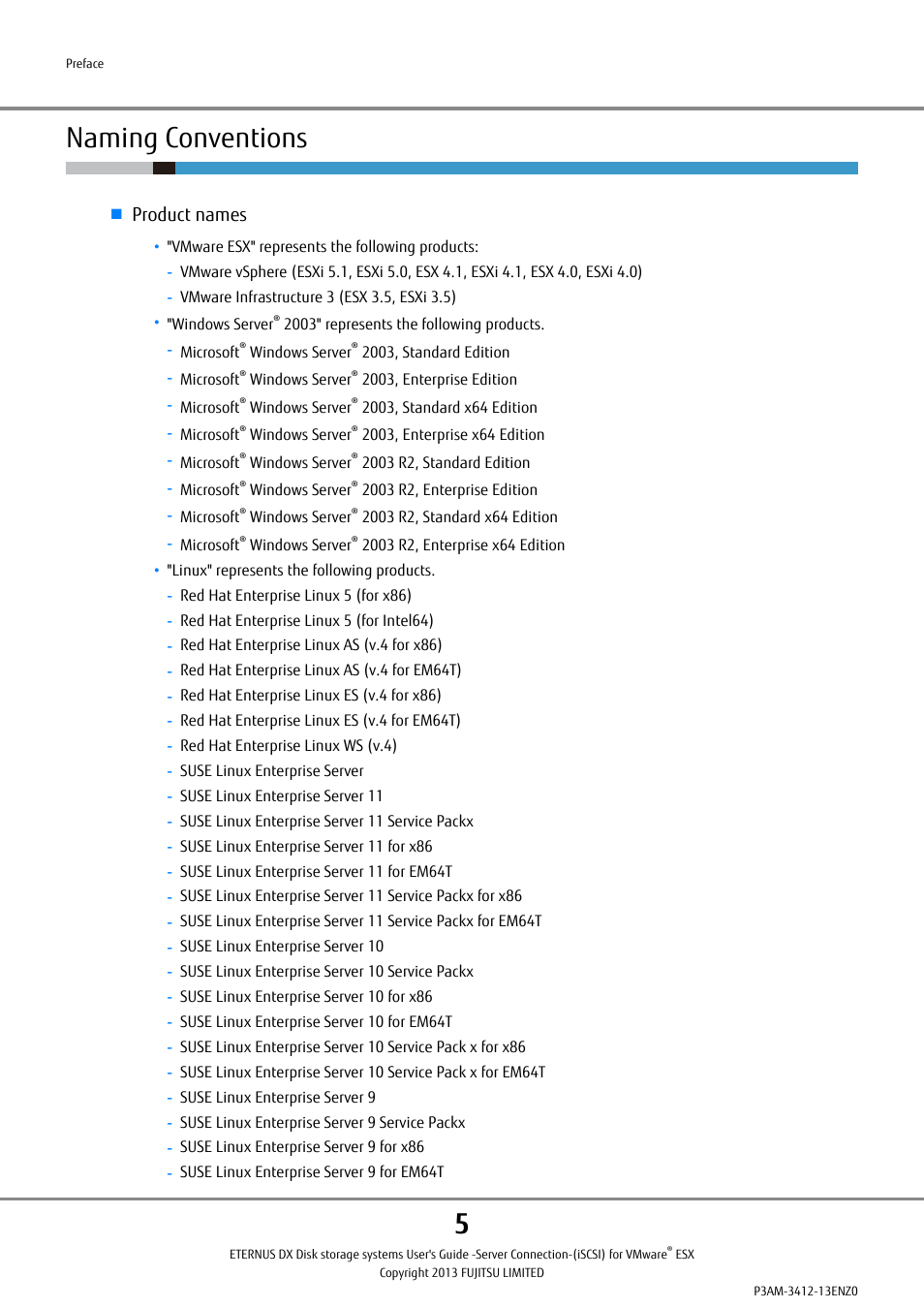 Naming conventions, Product names | FUJITSU Eturneus Disk Storage System (ISCSI) for VMware ESX User Manual | Page 5 / 42