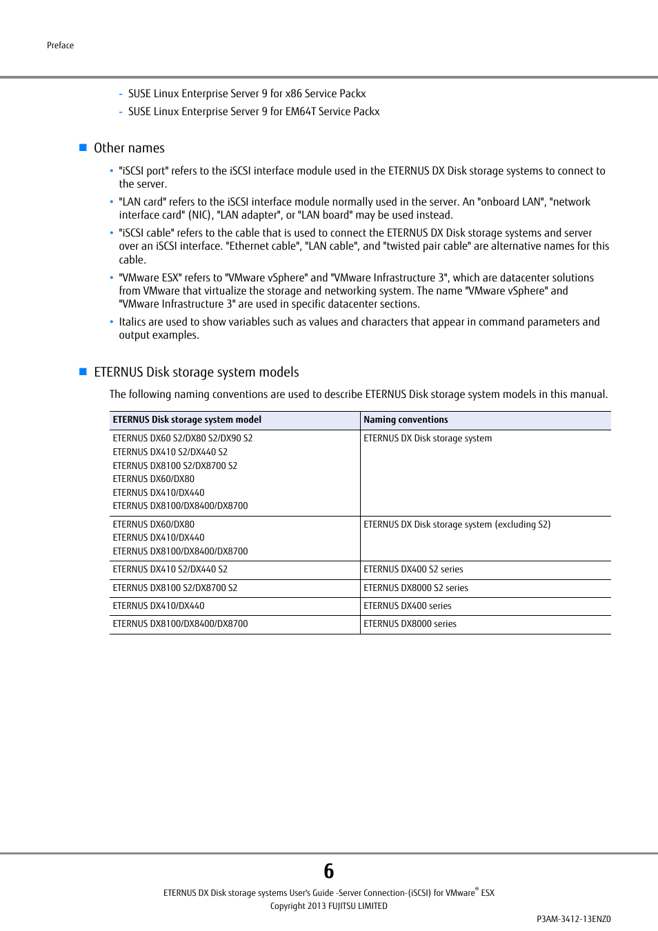 Other names, Eternus disk storage system models | FUJITSU Eturneus Disk Storage System (ISCSI) for VMware ESX User Manual | Page 6 / 42