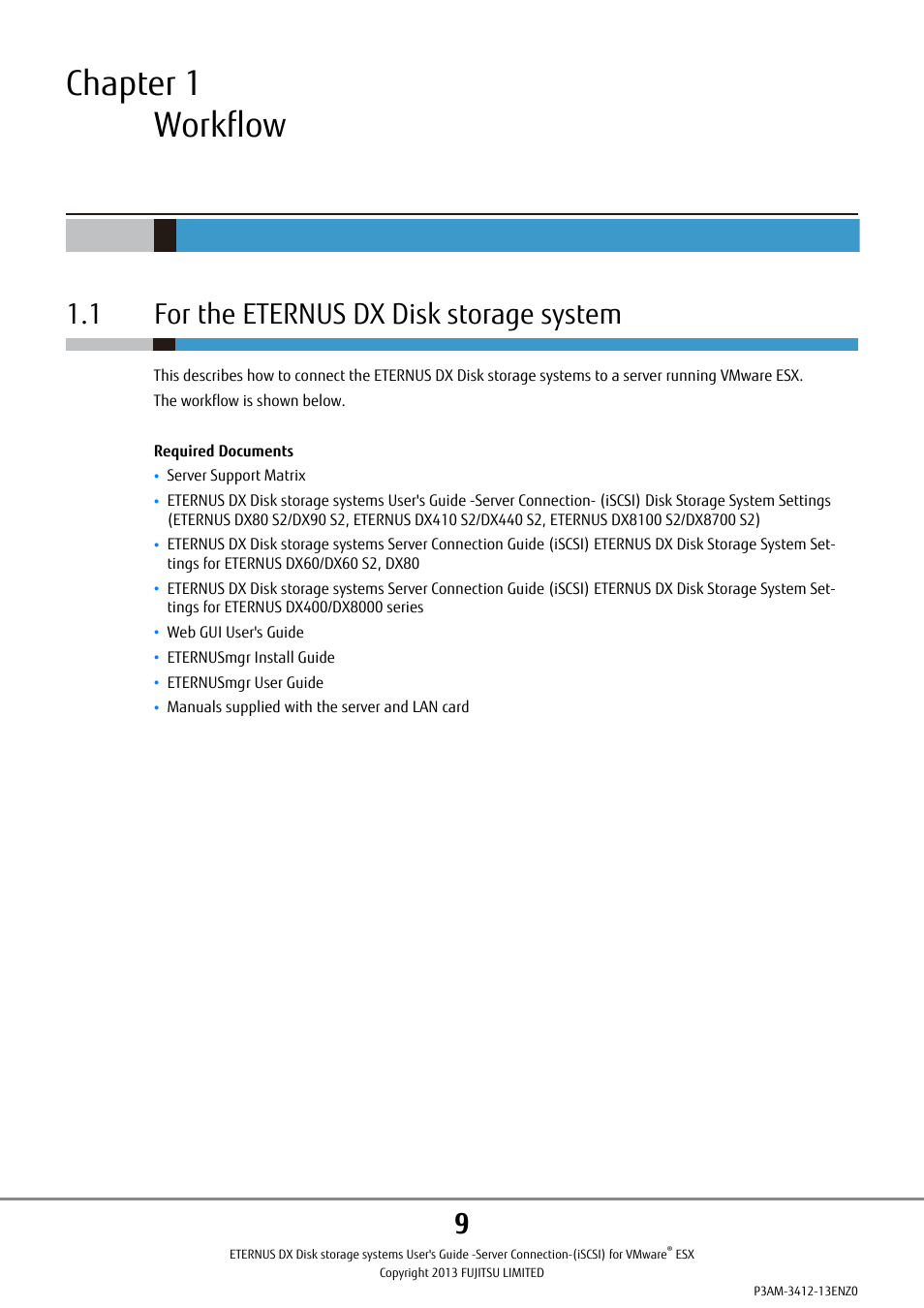 Chapter 1 workflow, 1 for the eternus dx disk storage system | FUJITSU Eturneus Disk Storage System (ISCSI) for VMware ESX User Manual | Page 9 / 42