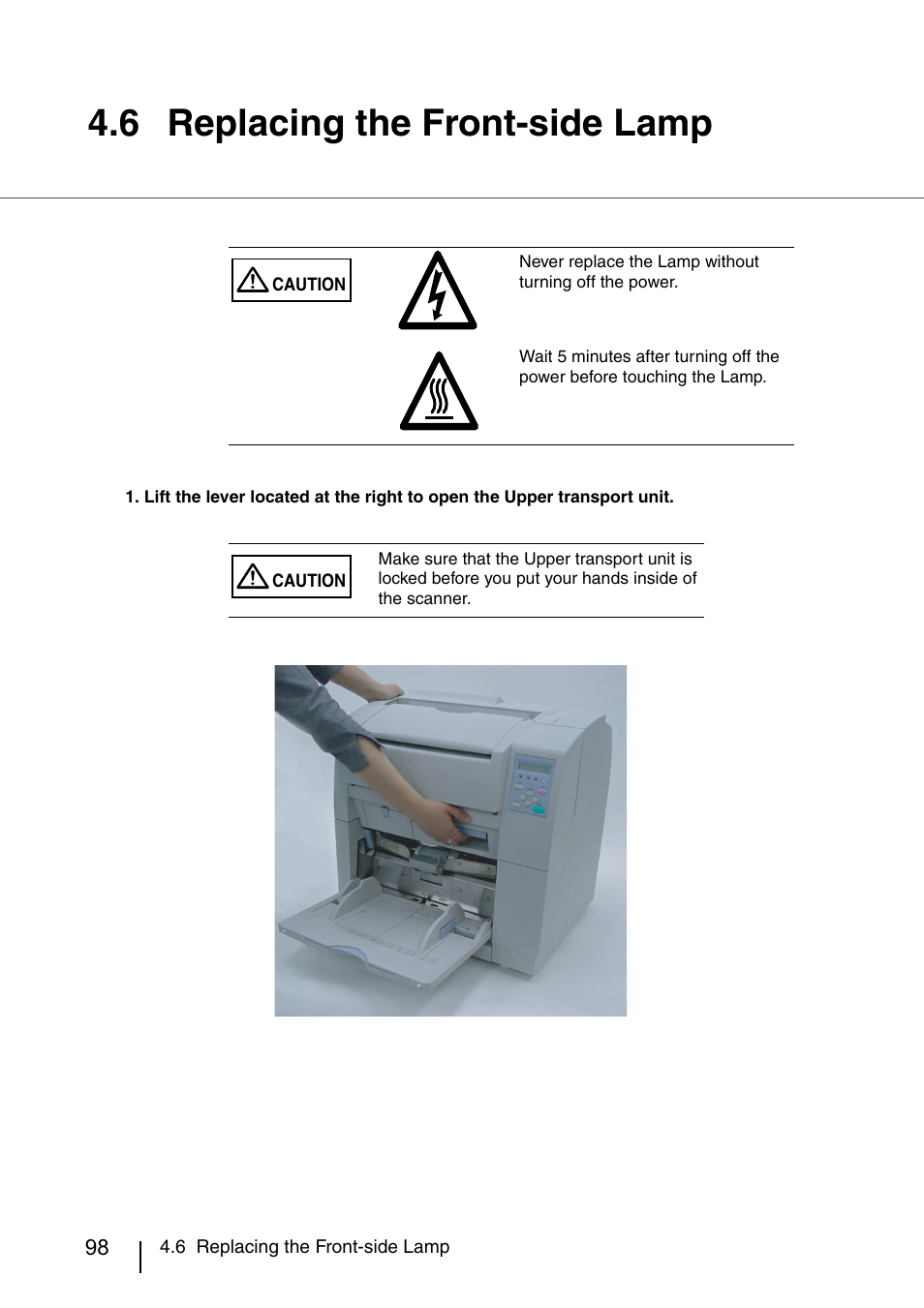 6 replacing the front-side lamp, Replacing the front-side lamp | FUJITSU IMAGE SCANNER FI-486PRRE User Manual | Page 121 / 286