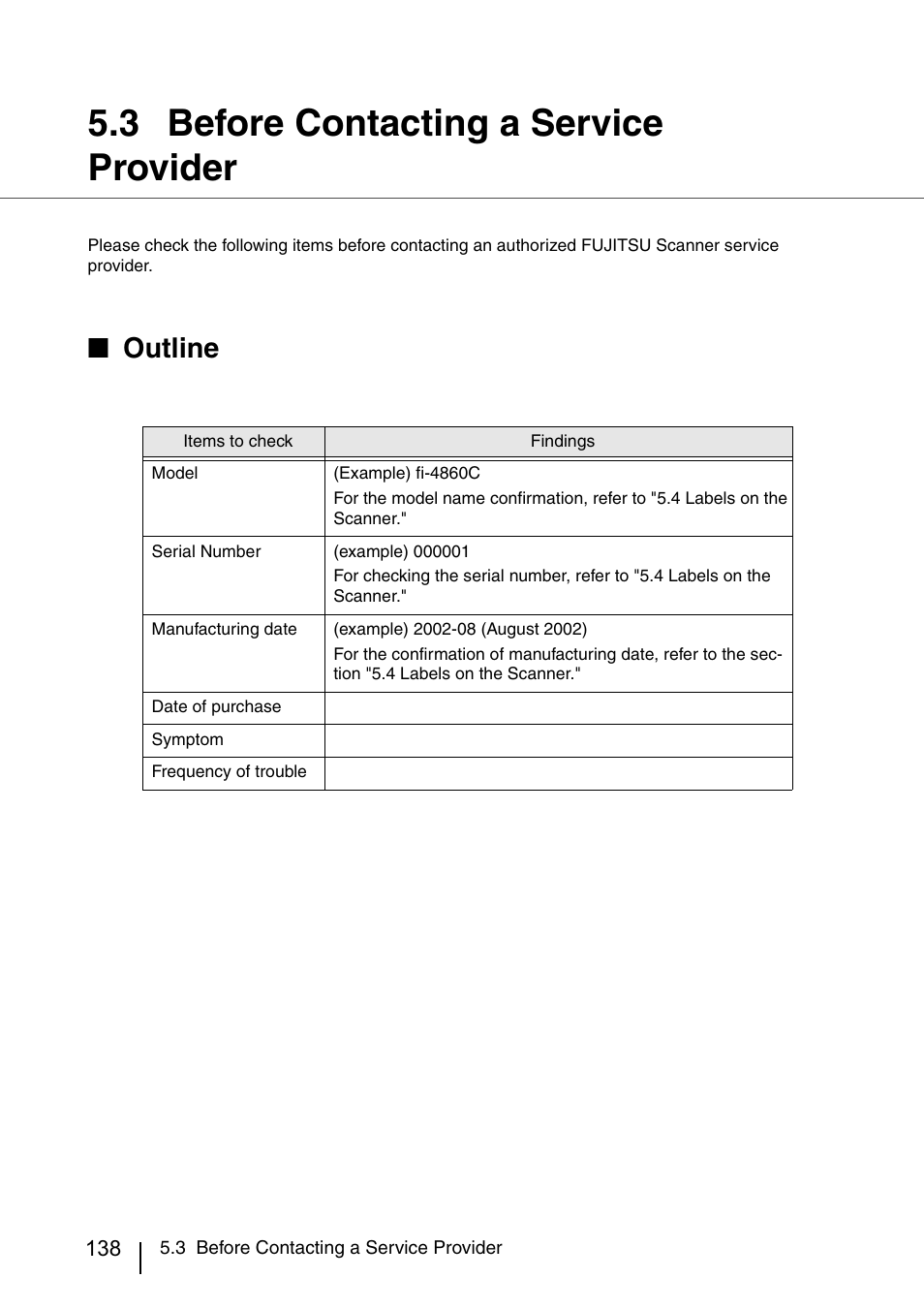 Before contacting a service provider, 3 before contacting a service provider, Outline | FUJITSU IMAGE SCANNER FI-486PRRE User Manual | Page 161 / 286