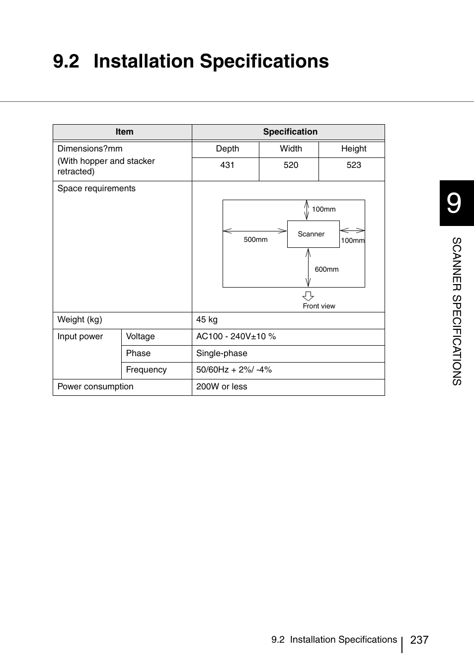 2 installation specifications, Installation specifications | FUJITSU IMAGE SCANNER FI-486PRRE User Manual | Page 260 / 286