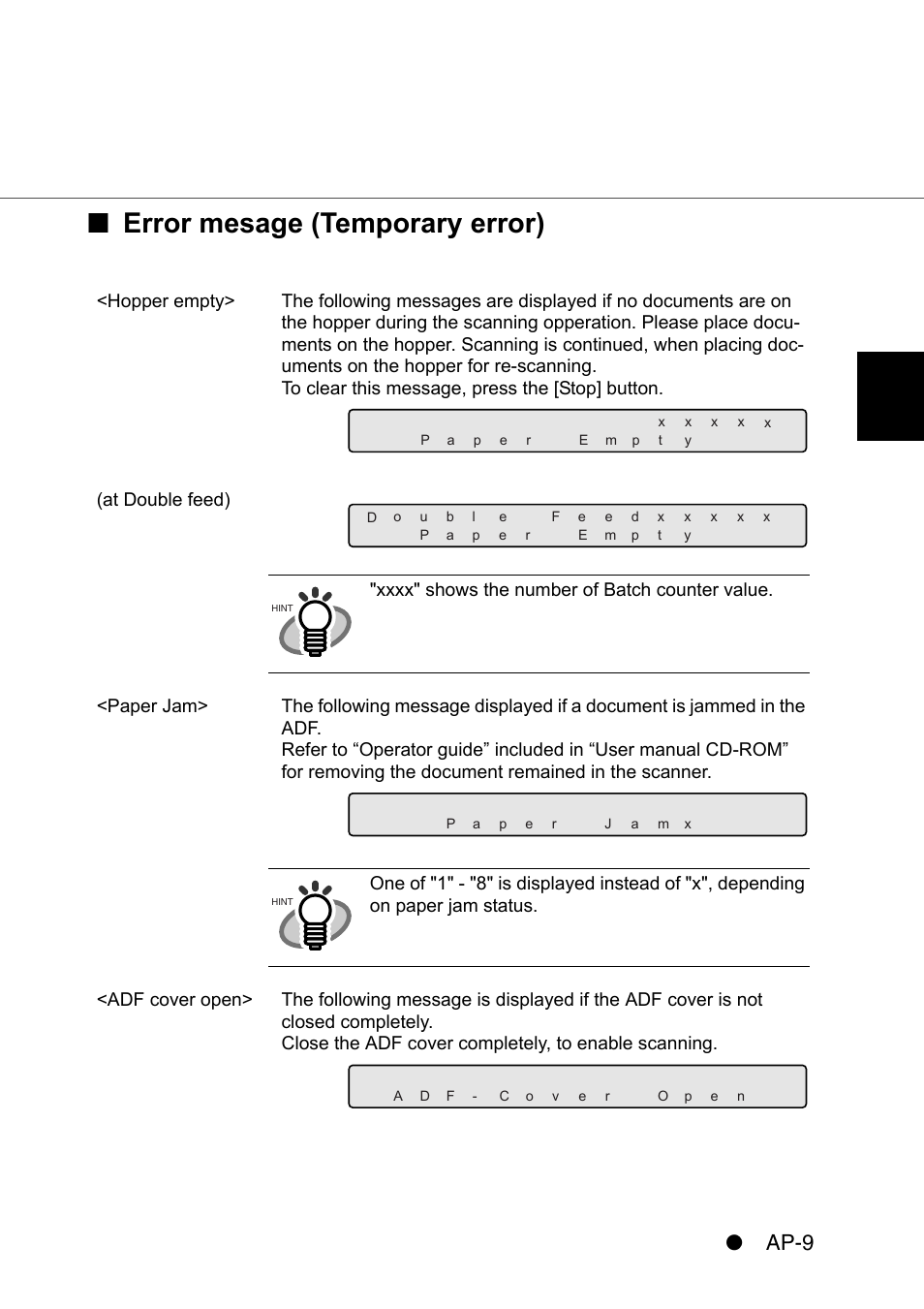 Error mesage (temporary error), Ap-9 | FUJITSU IMAGE SCANNER FI-486PRRE User Manual | Page 272 / 286