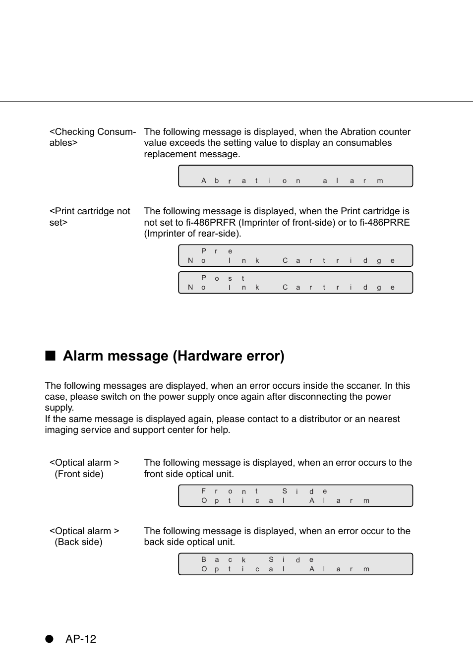 Alarm message (hardware error), Ap-12 | FUJITSU IMAGE SCANNER FI-486PRRE User Manual | Page 275 / 286