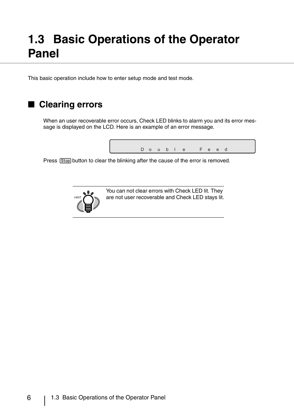 3 basic operations of the operator panel, Basic operation of the operator panel, Clearing errors | FUJITSU IMAGE SCANNER FI-486PRRE User Manual | Page 29 / 286