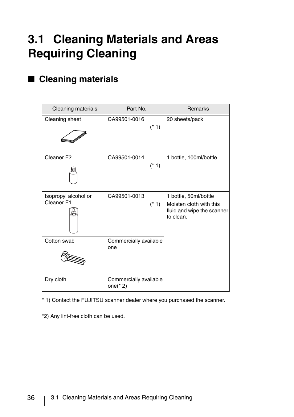 1 cleaning materials and areas requiring cleaning, Cleaning materials and areas requiring cleaning, Cleaning materials | FUJITSU IMAGE SCANNER FI-486PRRE User Manual | Page 61 / 286