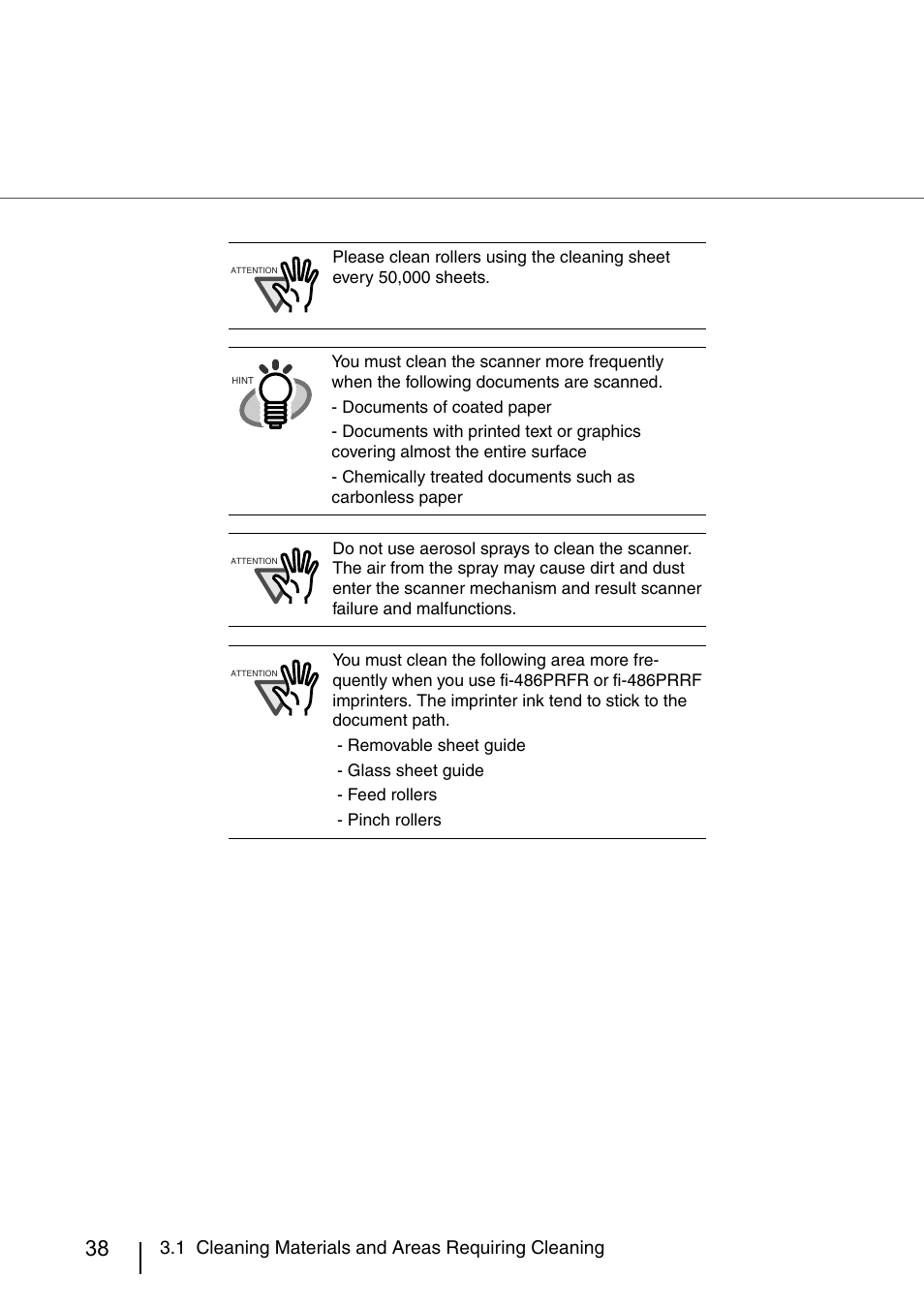 1 cleaning materials and areas requiring cleaning | FUJITSU IMAGE SCANNER FI-486PRRE User Manual | Page 63 / 286