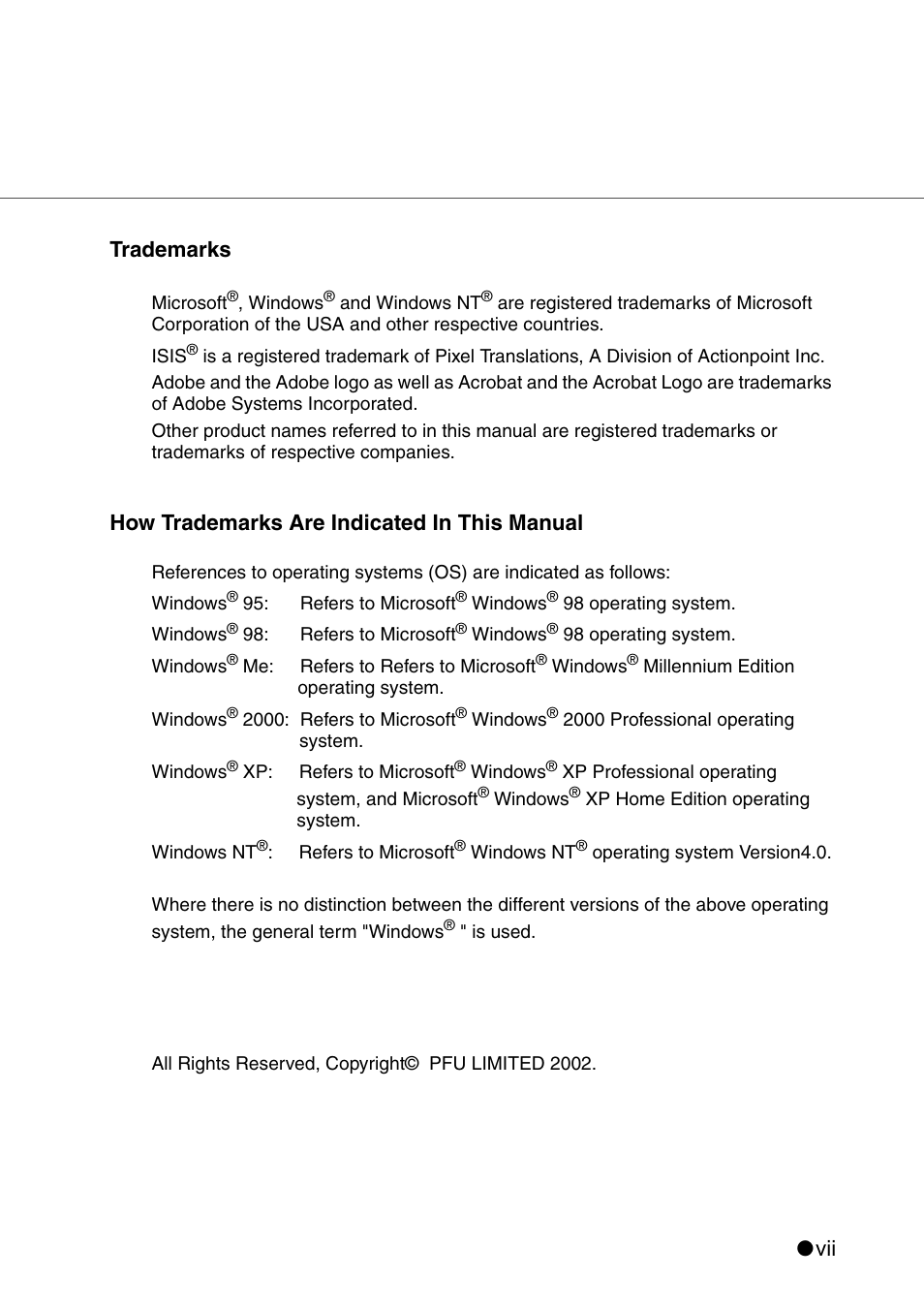 Vii trademarks, How trademarks are indicated in this manual | FUJITSU IMAGE SCANNER FI-486PRRE User Manual | Page 8 / 286