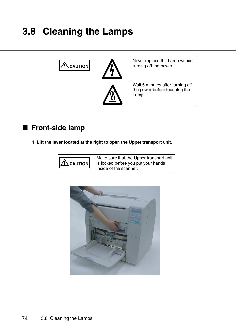 8 cleaning the lamps, Cleaning the lamps, Front-side lamp | FUJITSU IMAGE SCANNER FI-486PRRE User Manual | Page 99 / 286