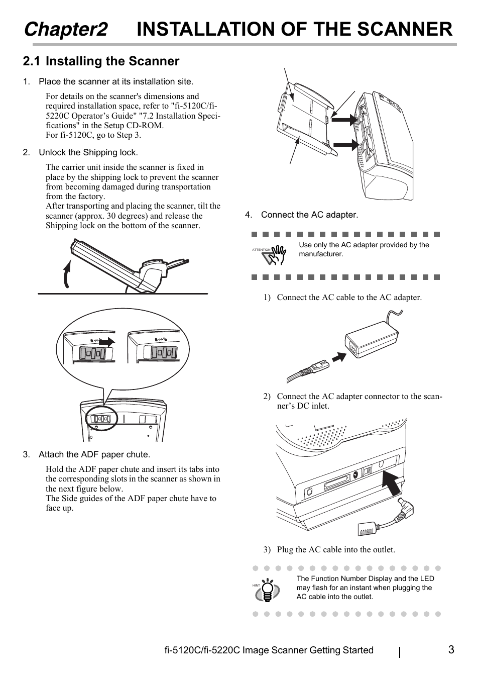 Chapter2 installation of the scanner, 1 installing the scanner, Chapter2 installation | Of the scanner | FUJITSU fi-5220C User Manual | Page 11 / 28