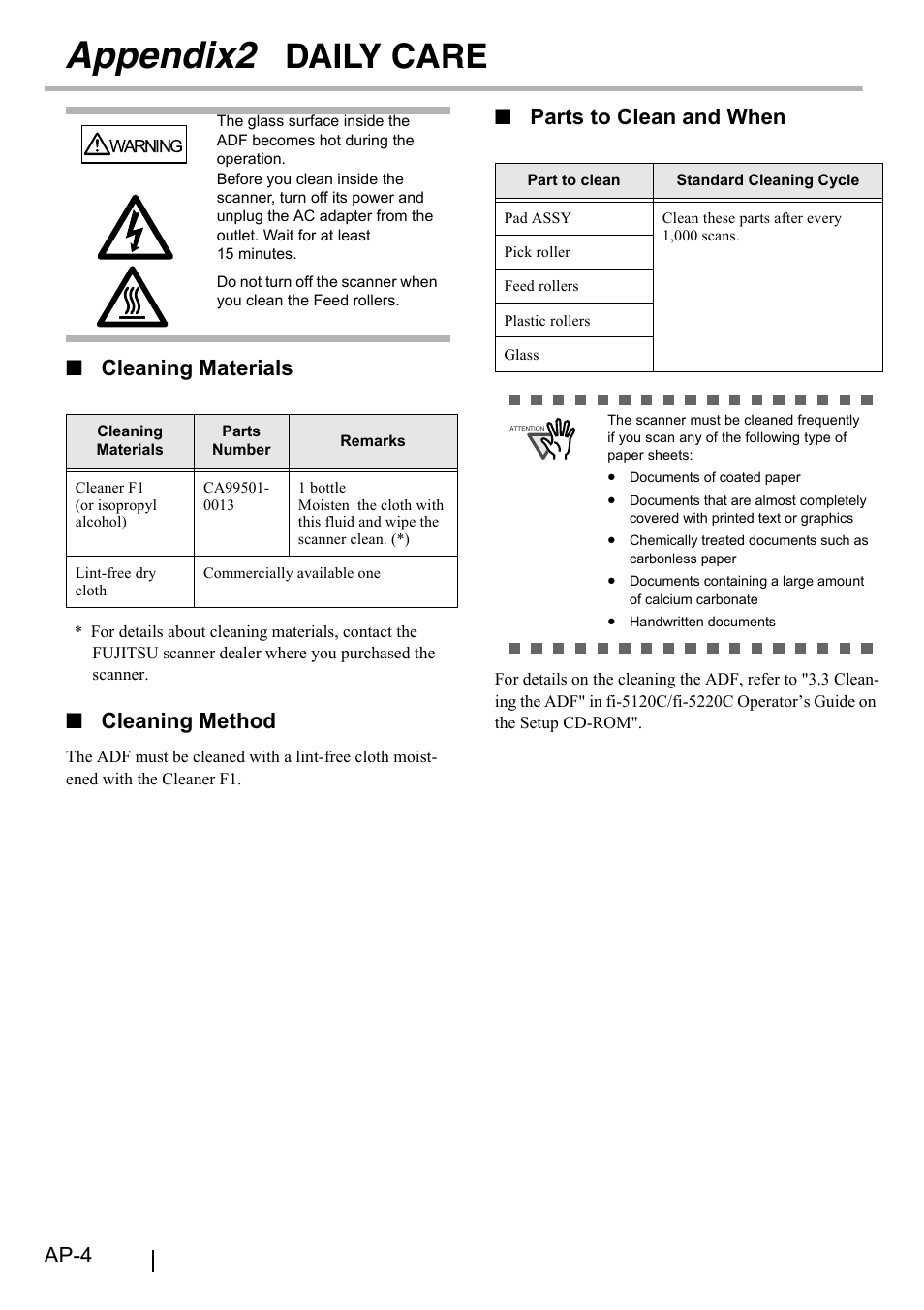 Appendix2 daily care, Appendix2 daily, Appendix2 | Daily care, Ap-4, Cleaning materials, Cleaning method, Parts to clean and when | FUJITSU fi-5220C User Manual | Page 26 / 28