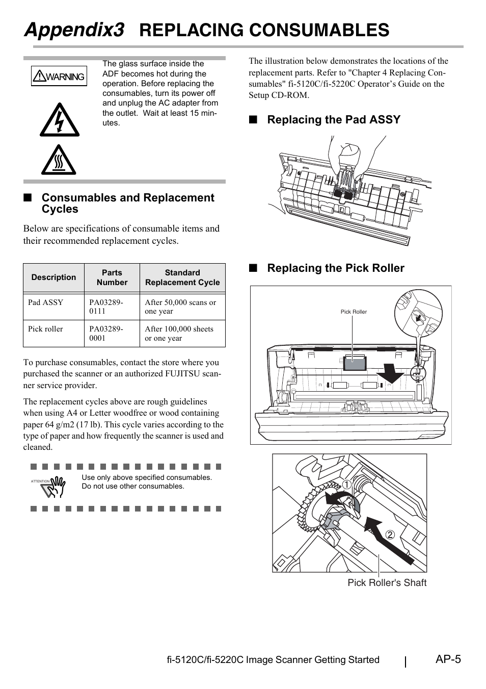 Appendix3 replacing consumables, Appendix3 replacing, Consumables.......................... ap-5 | Appendix3, Replacing consumables, Ap-5, Consumables and replacement cycles, Replacing the pad assy ■ replacing the pick roller | FUJITSU fi-5220C User Manual | Page 27 / 28