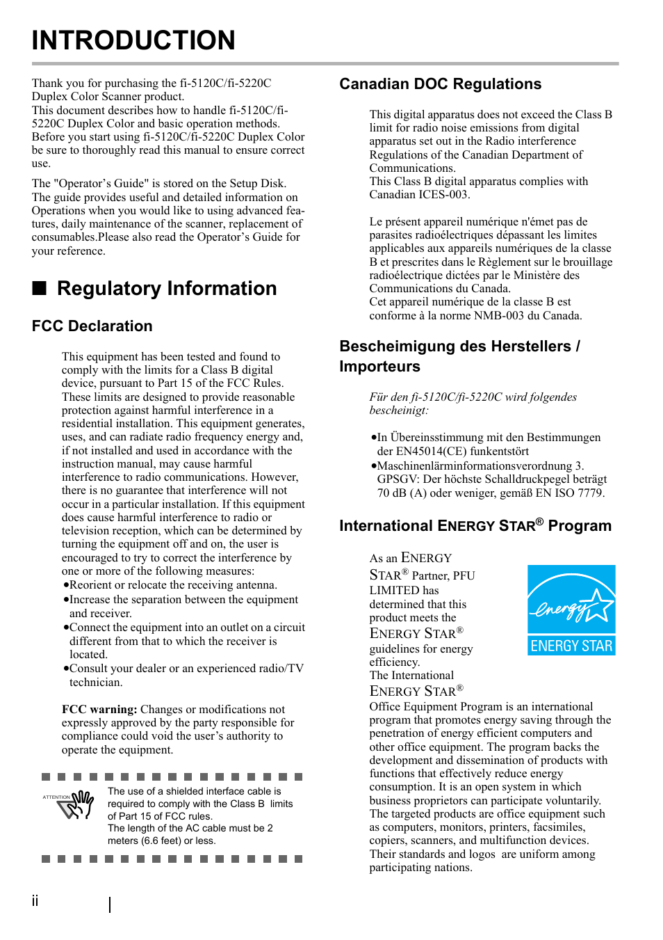 Introduction, Regulatory information, Fcc declaration | Canadian doc regulations, Bescheimigung des herstellers / importeurs, International e, Program | FUJITSU fi-5220C User Manual | Page 4 / 28