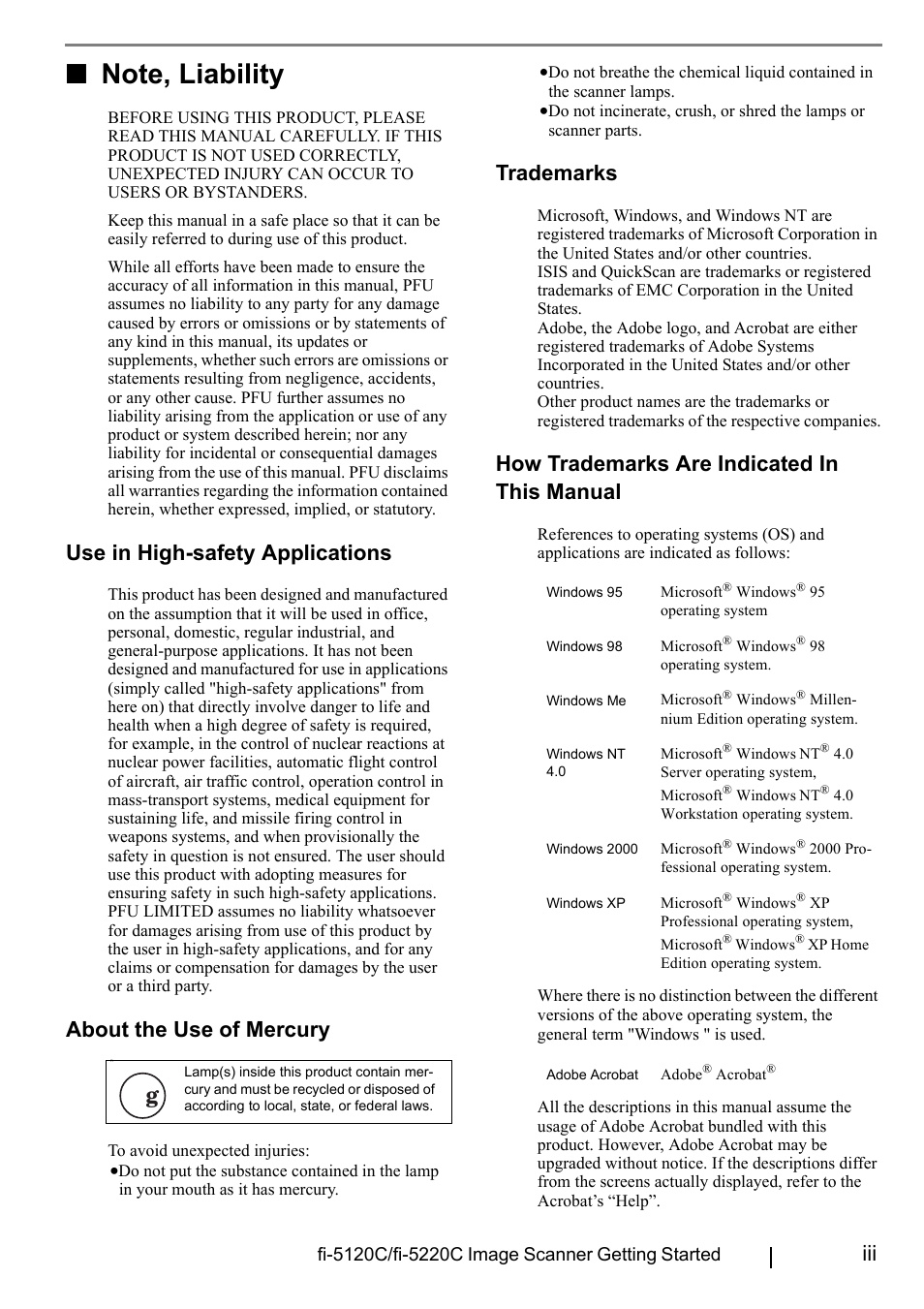 Note, liability, Use in high-safety applications, About the use of mercury | Trademarks, How trademarks are indicated in this manual | FUJITSU fi-5220C User Manual | Page 5 / 28