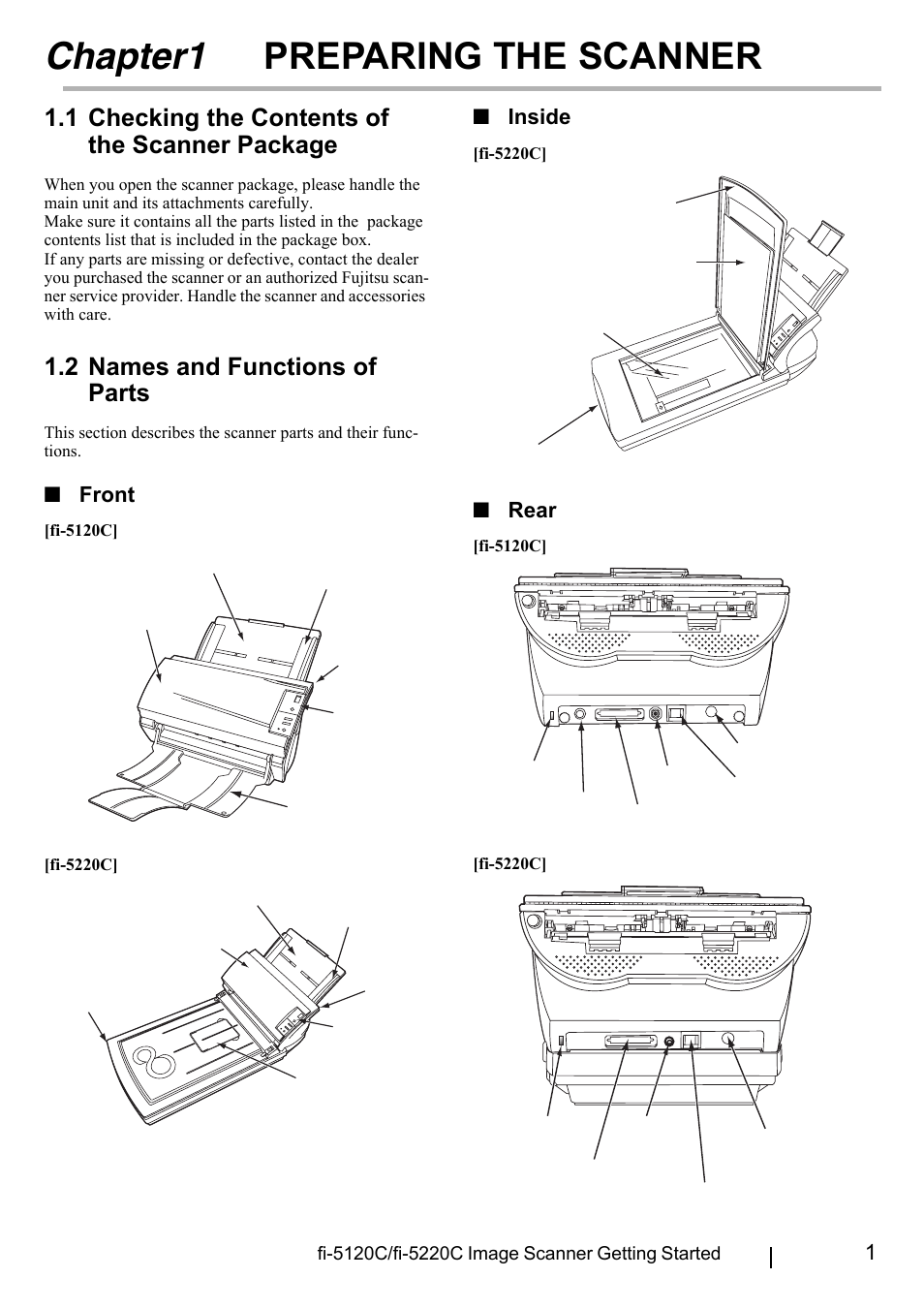 Chapter1 preparing the scanner, 1 checking the contents of the scanner package, 2 names and functions of parts | Chapter1, Preparing the scanner, Front, Inside, Rear | FUJITSU fi-5220C User Manual | Page 9 / 28