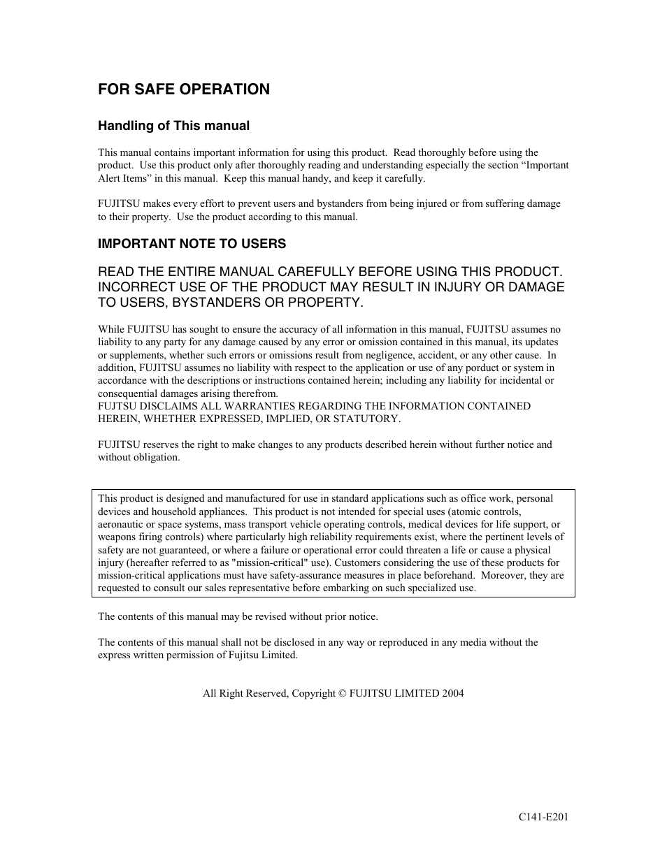 For safe operation | FUJITSU MAT3147NC/NP User Manual | Page 2 / 130