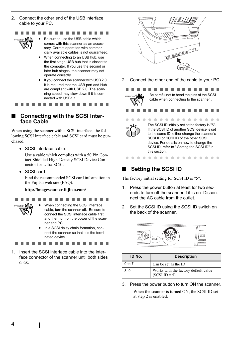 Connecting with the scsi inter- face cable, Setting the scsi id | FUJITSU fi-5530C User Manual | Page 12 / 28