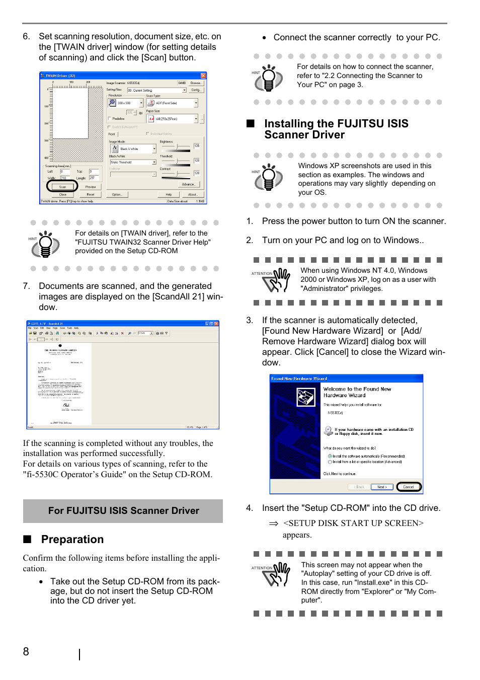 Preparation, Installing the fujitsu isis scanner driver | FUJITSU fi-5530C User Manual | Page 16 / 28