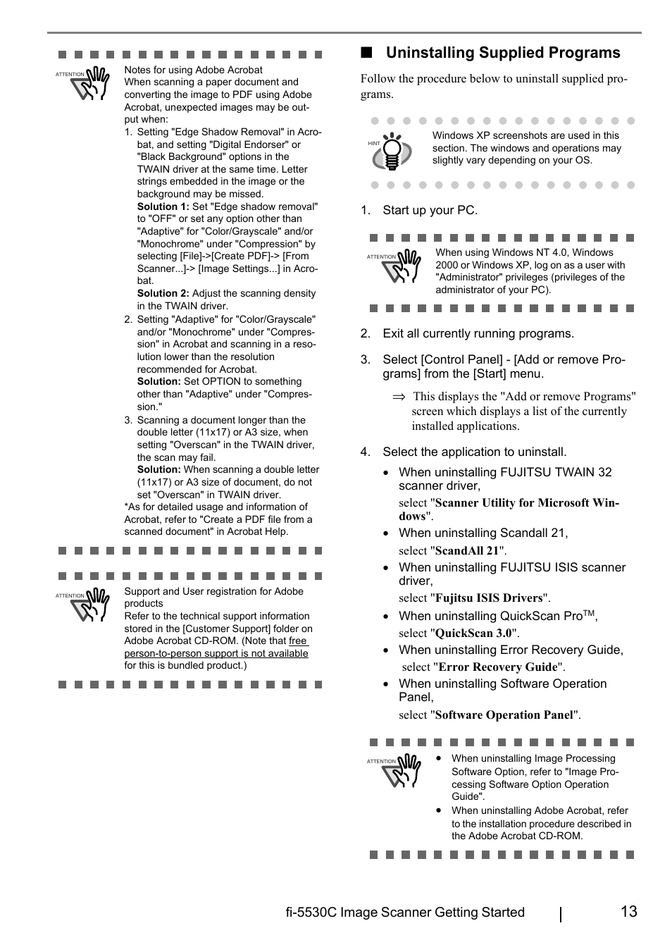 13 ■ uninstalling supplied programs, Fi-5530c image scanner getting started | FUJITSU fi-5530C User Manual | Page 21 / 28