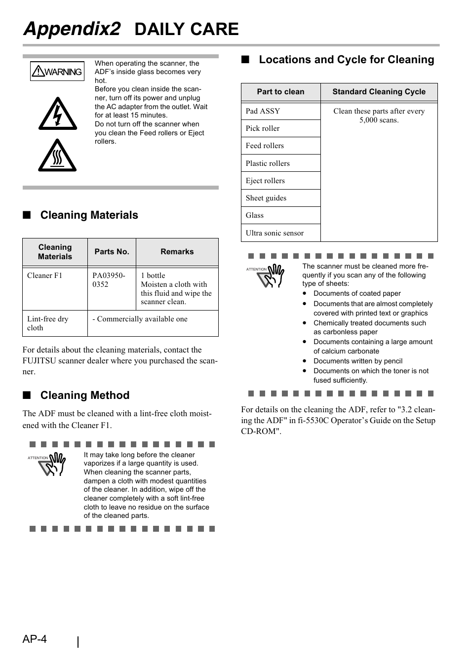 Appendix2 daily care, Appendix2 daily, Appendix2 | Daily care, Ap-4, Cleaning materials, Cleaning method, Locations and cycle for cleaning | FUJITSU fi-5530C User Manual | Page 26 / 28