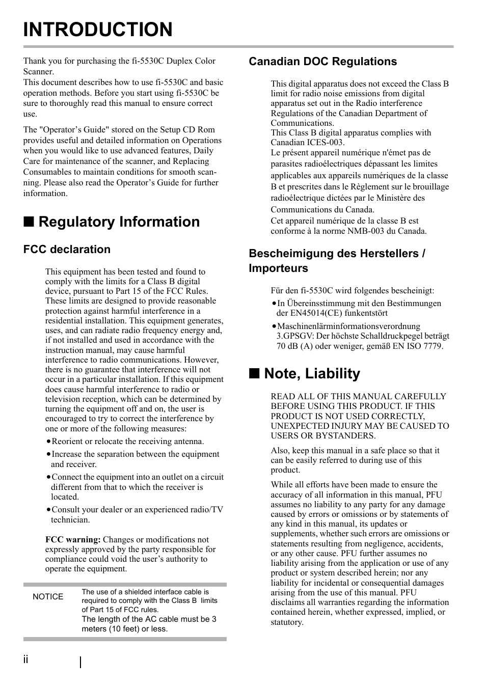 Regulatory information, Note, liability, Introduction | Fcc declaration, Canadian doc regulations, Bescheimigung des herstellers / importeurs | FUJITSU fi-5530C User Manual | Page 4 / 28