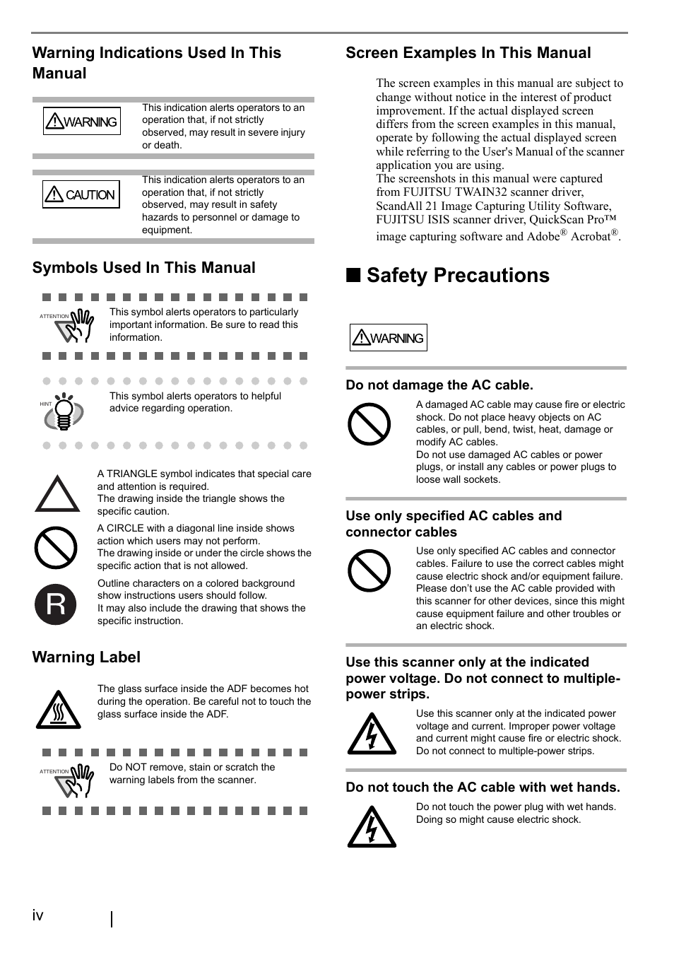 Safety precautions, Screen examples in this manual | FUJITSU fi-5530C User Manual | Page 6 / 28