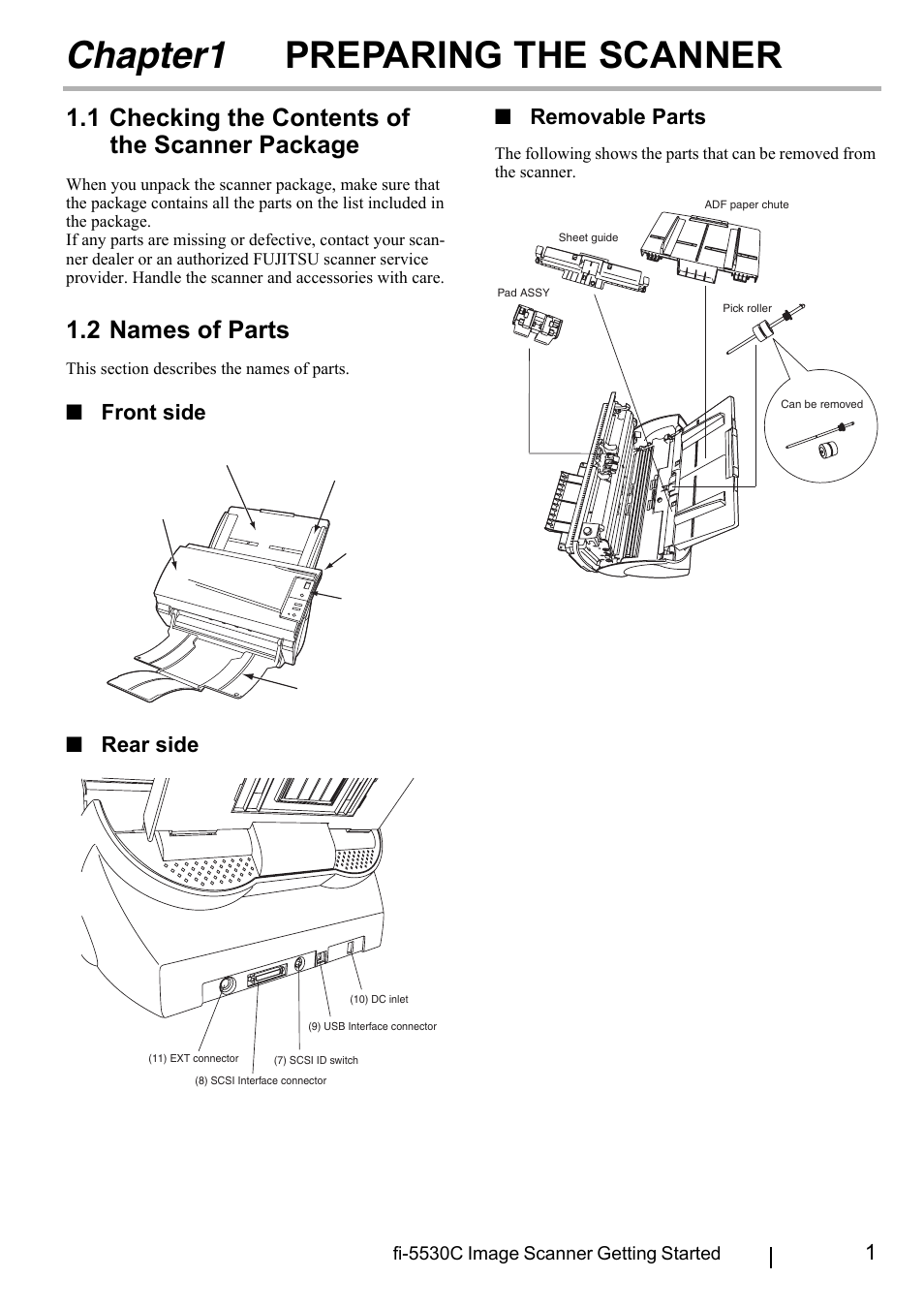 Chapter1 preparing the scanner, 1 checking the contents of the scanner package, 2 names of parts | Chapter1, Preparing the scanner, Front side ■ rear side ■ removable parts | FUJITSU fi-5530C User Manual | Page 9 / 28