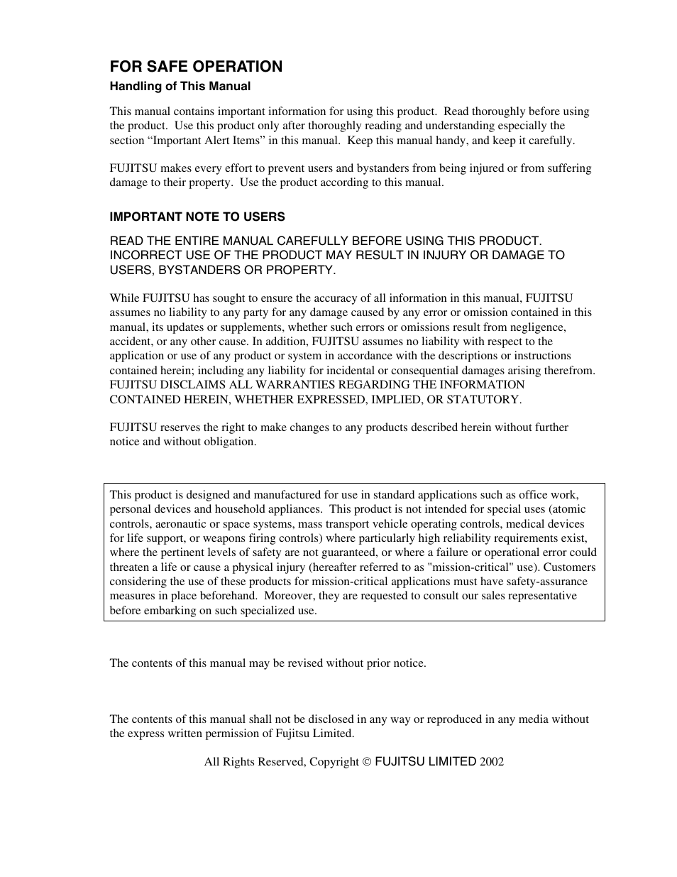 For safe operation | FUJITSU MHT2060AT User Manual | Page 2 / 256