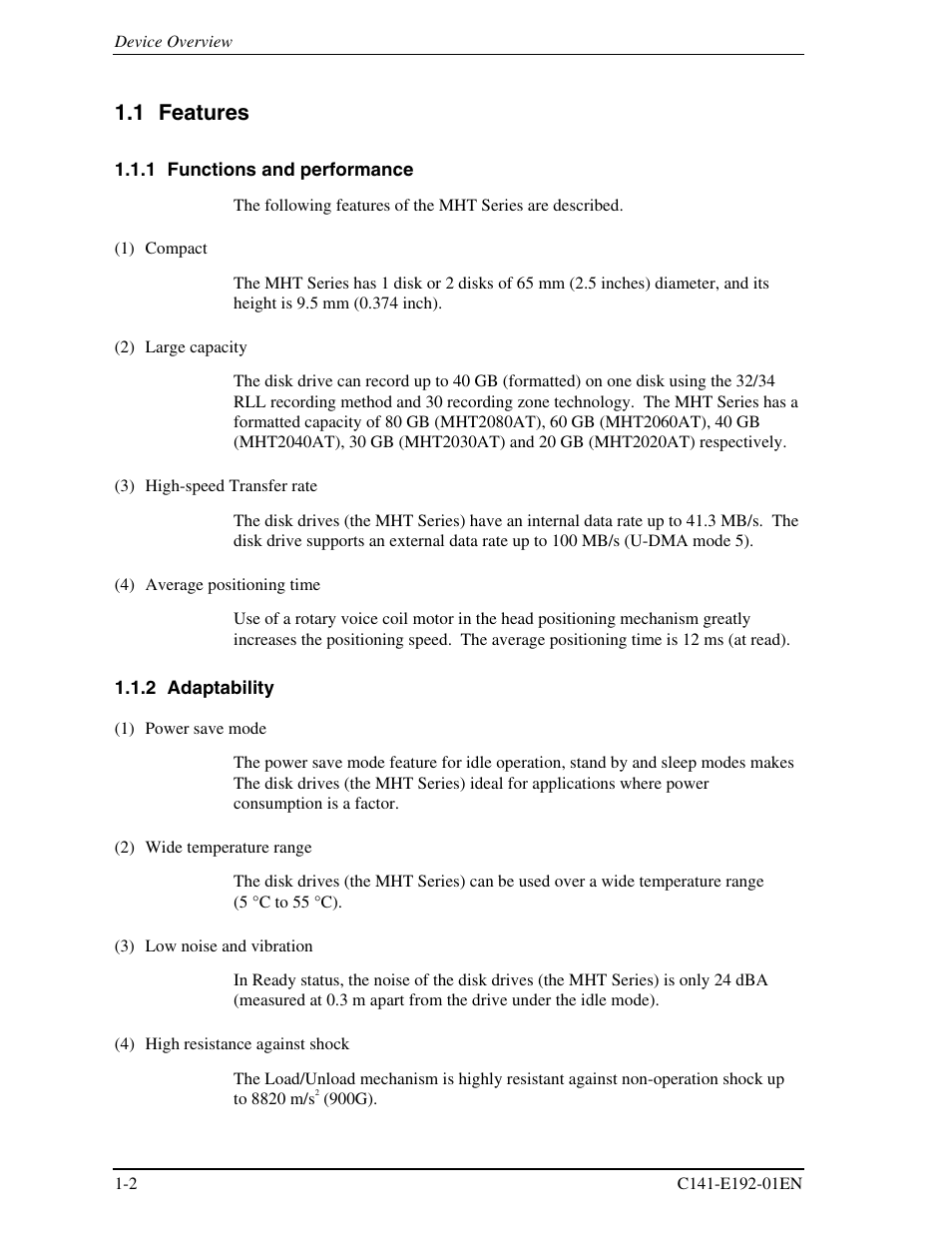 1 features, 1 functions and performance, 2 adaptability | FUJITSU MHT2060AT User Manual | Page 22 / 256