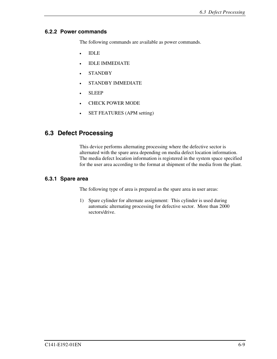 2 power commands, 3 defect processing, 1 spare area | FUJITSU MHT2060AT User Manual | Page 229 / 256
