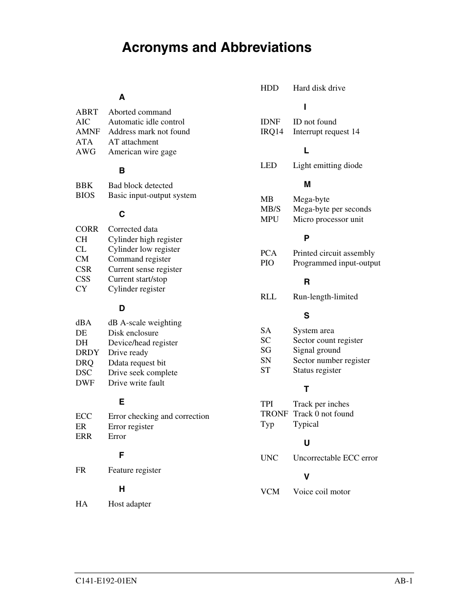 Acronyms and abbreviations | FUJITSU MHT2060AT User Manual | Page 247 / 256