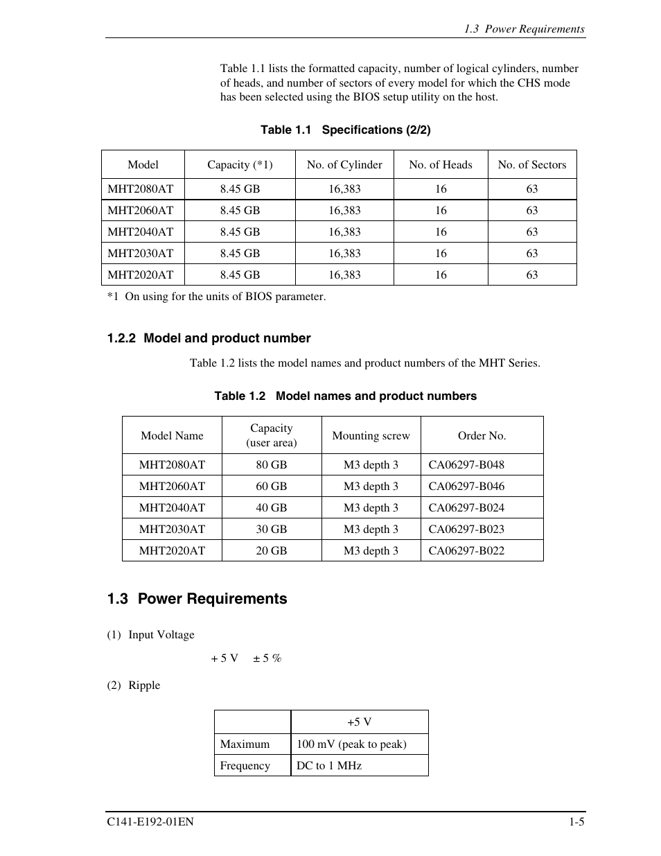 2 model and product number, 3 power requirements | FUJITSU MHT2060AT User Manual | Page 25 / 256