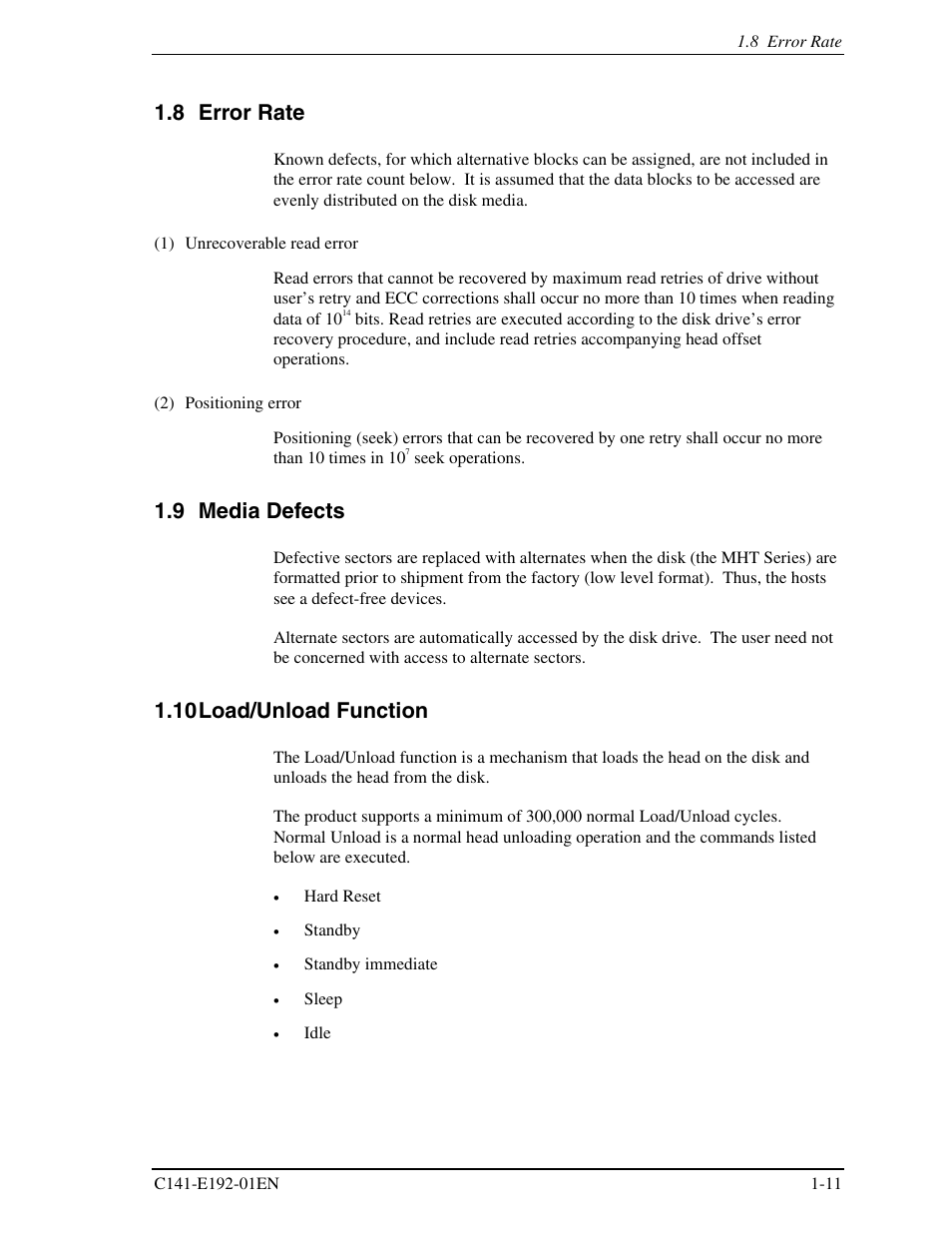8 error rate, 9 media defects, 10load/unload function | FUJITSU MHT2060AT User Manual | Page 31 / 256
