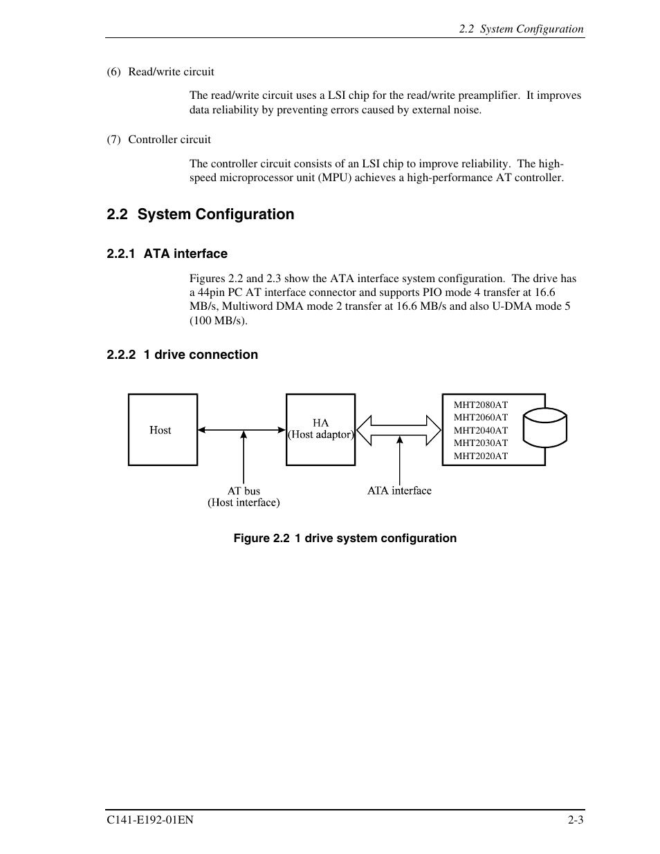 2 system configuration, 1 ata interface, 2 1 drive connection | FUJITSU MHT2060AT User Manual | Page 37 / 256