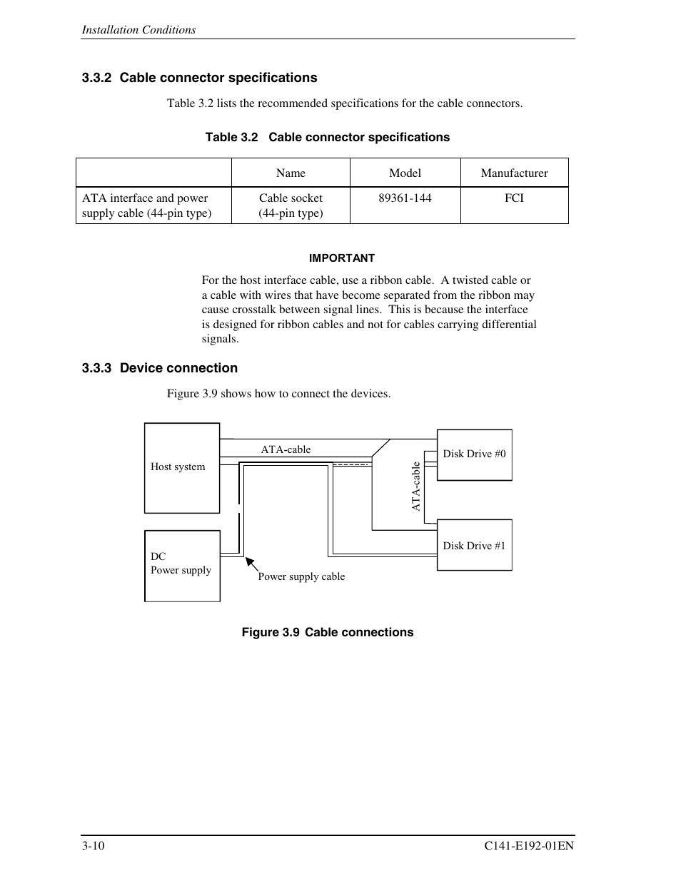 2 cable connector specifications, 3 device connection | FUJITSU MHT2060AT User Manual | Page 48 / 256