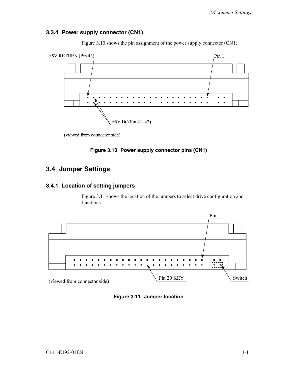 4 power supply connector (cn1), 4 jumper settings, 1 location of setting jumpers | FUJITSU MHT2060AT User Manual | Page 49 / 256