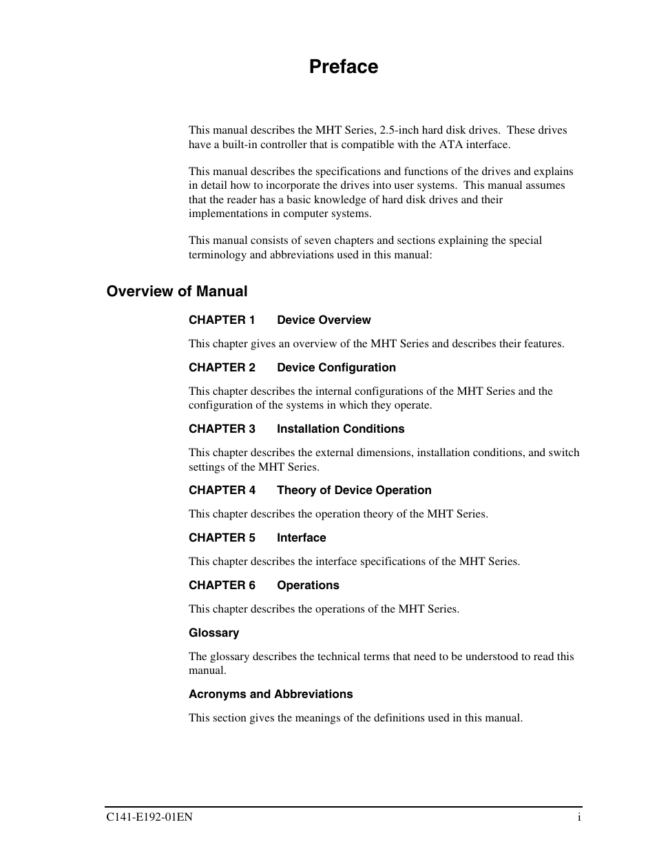 Preface, Overview of manual | FUJITSU MHT2060AT User Manual | Page 5 / 256