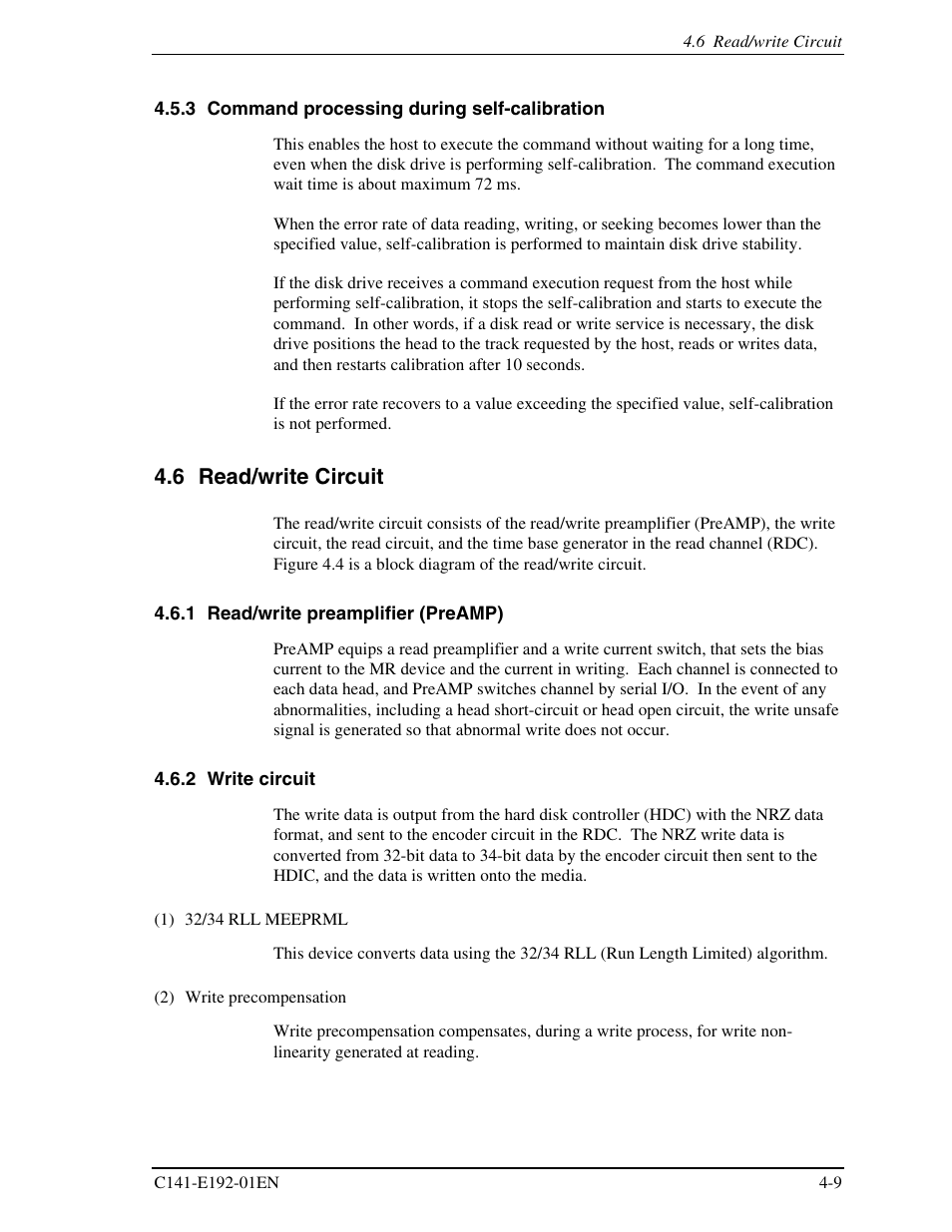 3 command processing during self-calibration, 6 read/write circuit, 1 read/write preamplifier (preamp) | 2 write circuit | FUJITSU MHT2060AT User Manual | Page 61 / 256