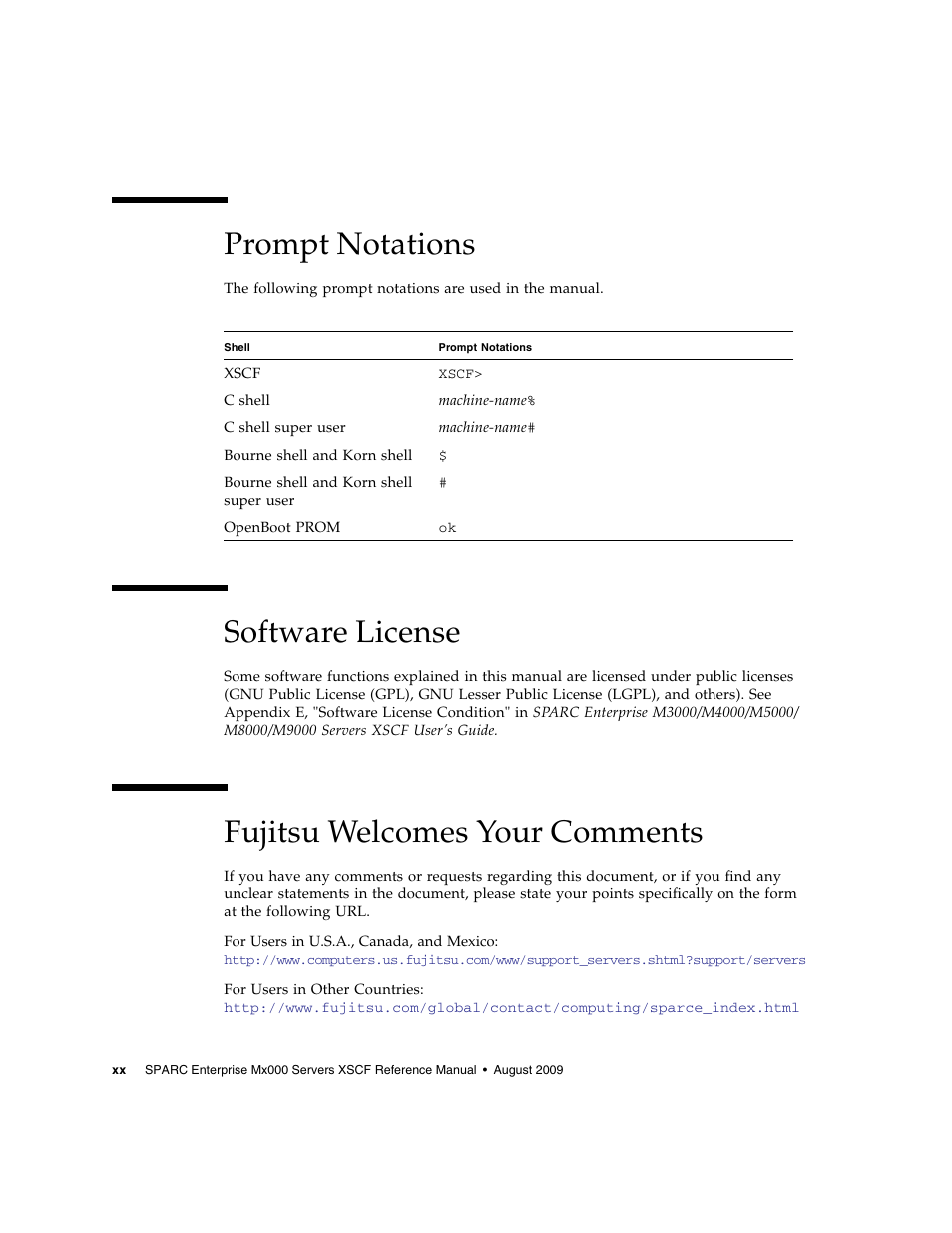 Prompt notations, Software license, Fujitsu welcomes your comments | FUJITSU M8000 User Manual | Page 22 / 518