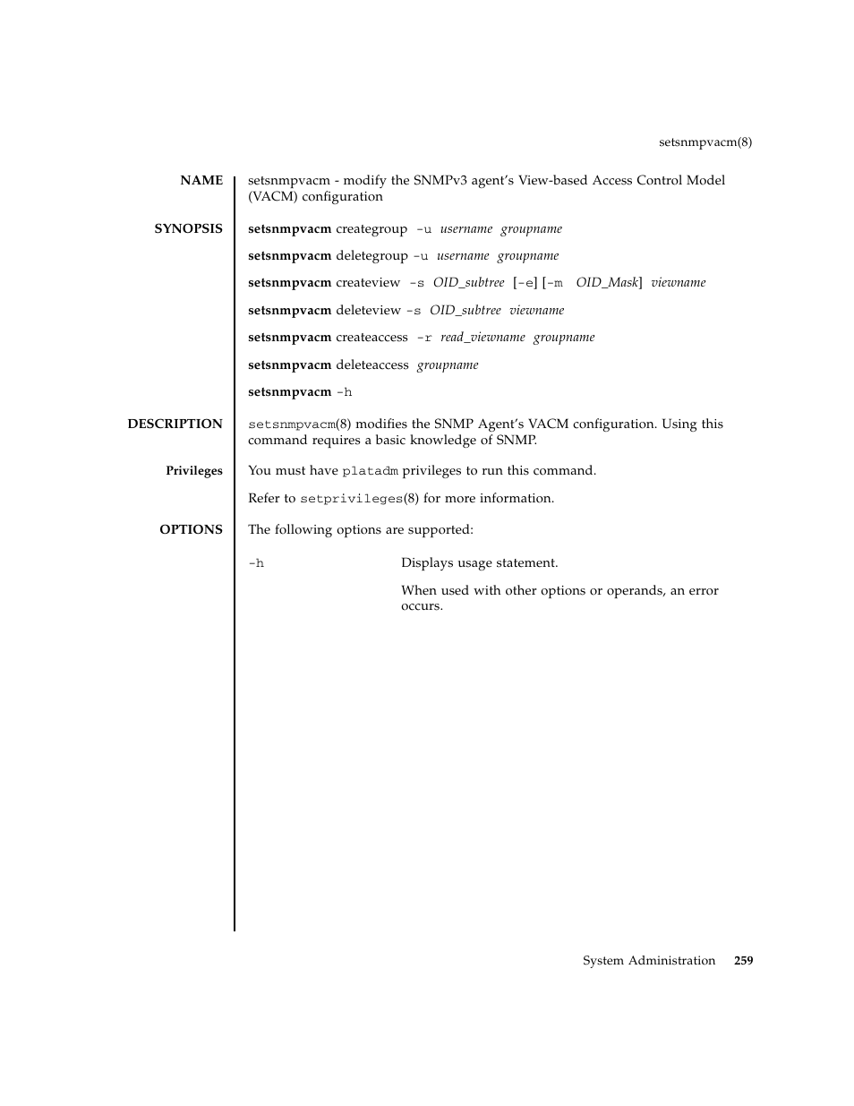 Setsnmpvacm | FUJITSU M8000 User Manual | Page 281 / 518
