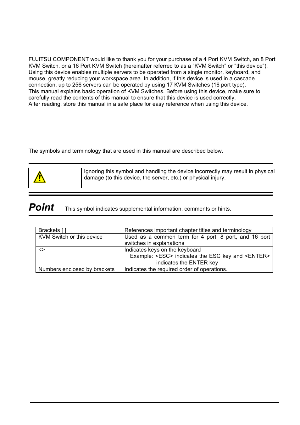 Point, Caution, Preface | Conventions | FUJITSU SERVIS KVM USB Emulation FS-1108AU/FS1108MU User Manual | Page 4 / 60