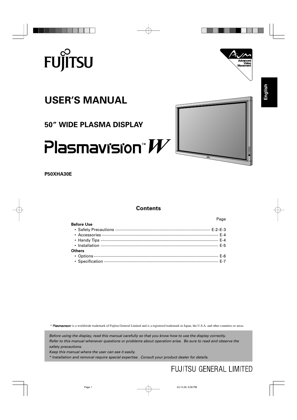 FUJITSU P50XHA30E User Manual | 7 pages